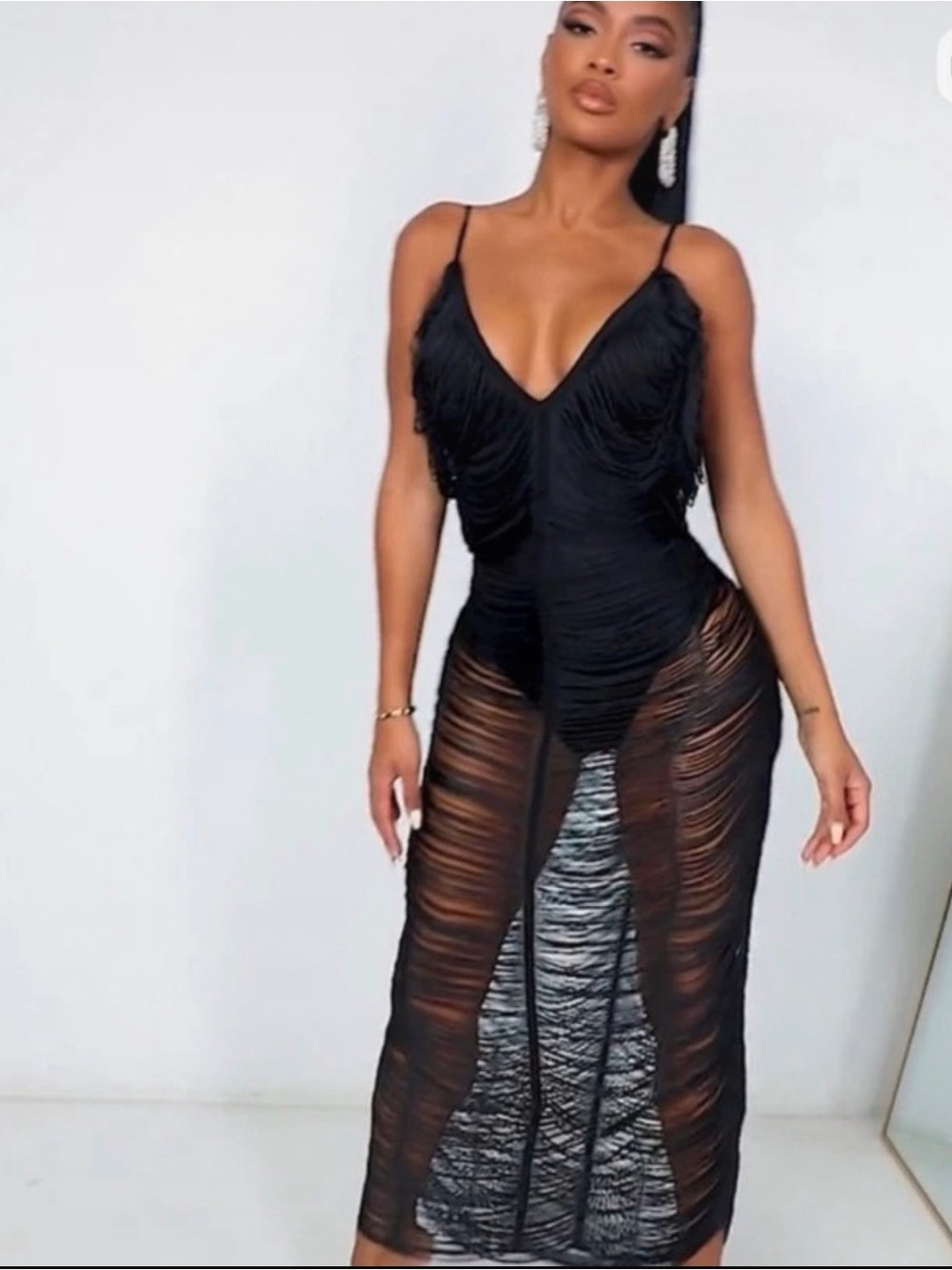 PrettyLittleThing Black Sheer Ruched Maxi Dress with Spaghetti Straps